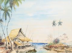 YONG MUN SEN (1896-1962) Malaysian, 'Coastal Hut', watercolour, signed and dated '49,