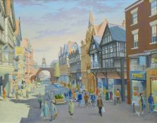 'Manchester Street View', oil on canvas, signed cjohn main and dated 2.86, framed. Image 59 x 74.
