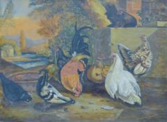 EARLY 20TH CENTURY NAIVE SCHOOL, 'Hens, Chickens and Pigeons in a Farmyard with Landscape Beyond',