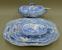 Two 19th century unmarked Spode Gothic Castle pattern blue and white porcelain meat plates,