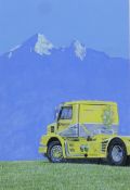 JOHN YORK, 'Scania Lorry before a Mountain', acrylic, signed and dated 1988, mounted. 41 x 28 cm.