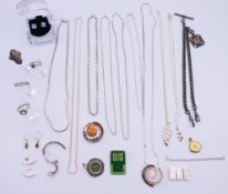 Various silver jewellery to include pairs of earrings, rings, a locket, pendant necklaces, chains,
