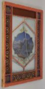 A leaded stained glass panel centred with a castle. 74 x 103 cm overall.