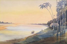 A pair of Burmese watercolours, signed BA THET and dated 36, each depicting a river scene,