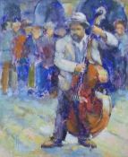 MARIAN HENDERSON, 'The Double Bass Player', acrylic on canvas, monogrammed M H, framed. 28.