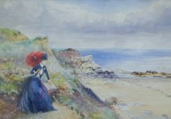 'Edwardian Lady on Cliff Top', watercolour, framed and glazed. 23.5 x 33.5 cm.
