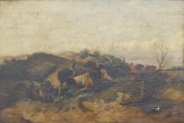 PRIMITIVE SCHOOL (19th century), 'Fox Hunt', oil on canvas, framed. Image 50 x 75 cm.