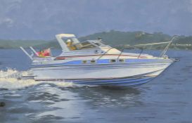 JOHN YORK, 'Fairline Sports Cruiser', acrylic, signed and dated 1985, mounted. 26 x 40 cm.
