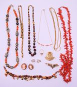 A coral branch necklace, bead necklaces and other necklaces, an 8 ct gold front and back ring,