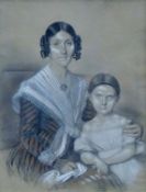 A pair of Victorian heightened pastel portrait groups, each indistinctly signed and dated 1843,