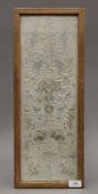 A framed Chinese silkwork sleeve panel. 54 x 21 cm overall.