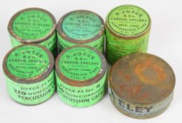 Six sealed tins of percussion caps including Eley Military and F Joyce & Co.