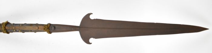 French style Partisan polearm with remnants of decoration to 55cm blade, strengthening rib and