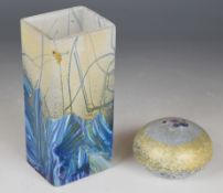 Isle of Wight iridescent glass vase and a signed Jonathan Harris paperweight