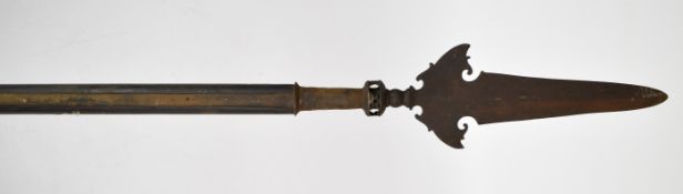 French style Partisan polearm with central strengthening rib to 20cm blade and two metal langets,