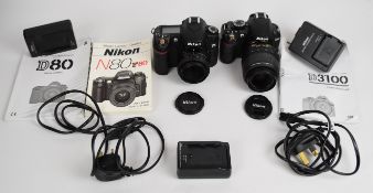 Two Nikon digital SLR cameras comprising D80 with AF Nikkor 50mm 1:1.8 D lens and D3100 with AF-S