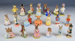 Twenty Royal Doulton Bunnykins figures including Boy Skater, Uncle Sam, Princess, Welsh Lady etc.