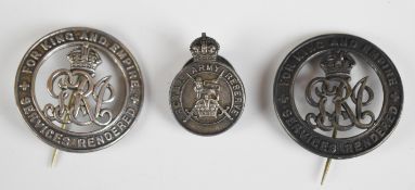 Two British WW1 silver War Badges numbered B200656 and 447127, together with a Royal Army Reserve