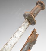 African sword with leather covered hilt, 66cm curved single edged plain blade and leather covered