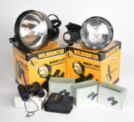 Two Wildhunter Superior Night Eye variable beam gun lamps and four pairs of 8x21 binoculars, all