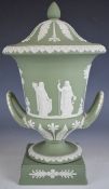Wedgwood green Jasperware covered twin handled campagna urn decorated with figures, H30cm