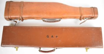 Two leather bound shotgun carry cases, one leg of mutton (80cm long) the other with fitted