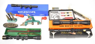A collection of shotgun, rifle and cartridge re-loading accessories including rifle scopes Nikko