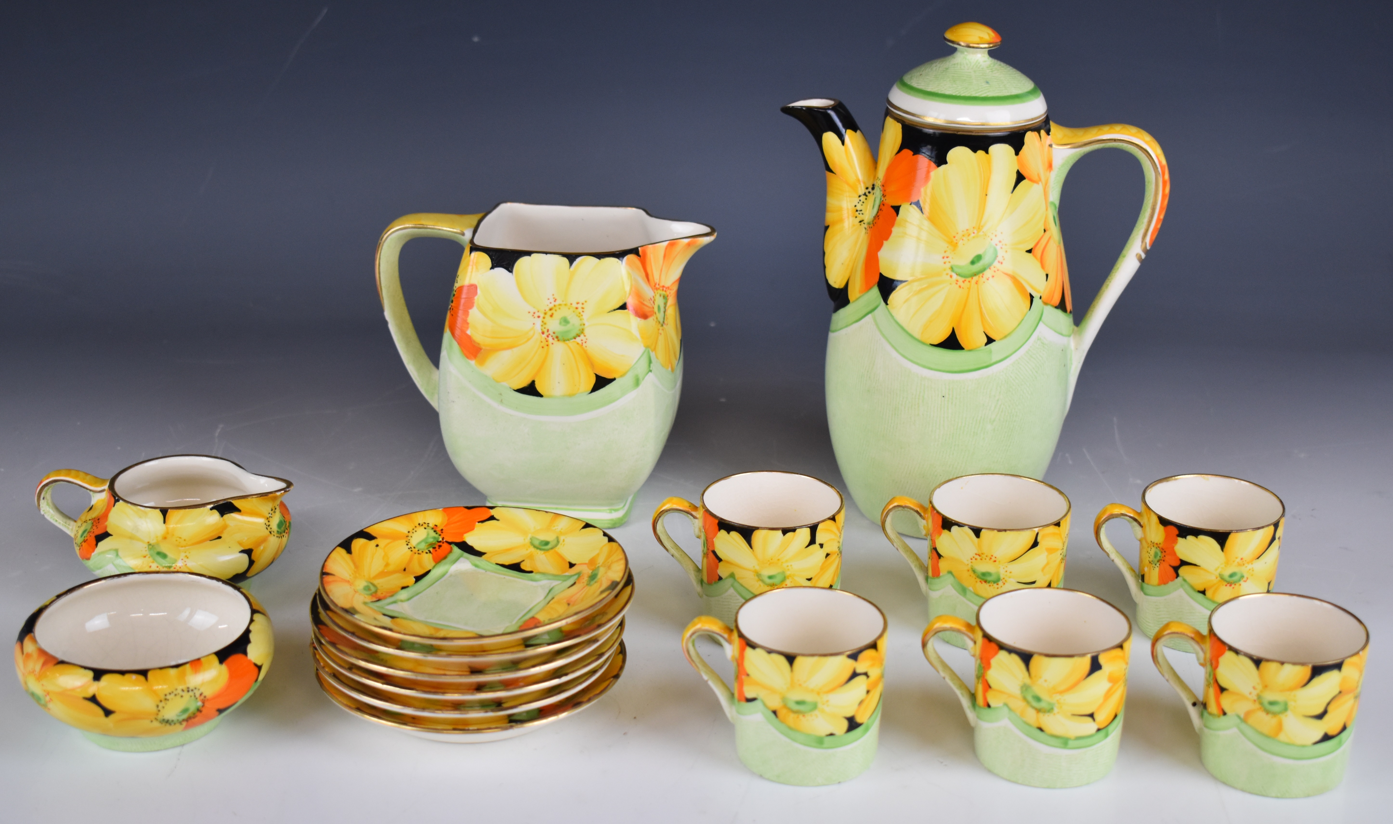 Grays Pottery Art Deco coffee set decorated with bright yellow flowers against a green ground, the - Image 3 of 4