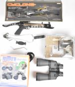 Anglo Arms Cyclone self-cocking aluminium pistol crossbow, Barnett Pro Diablo slingshot, one other