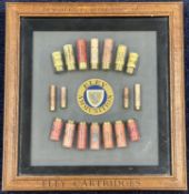 Eley Ammunition shotgun cartridge display board decorated with various Eley shotgun cartridges, in