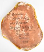 Horace Elliot for Ewenny Pottery Arts & Crafts crimped plaque inscribed with a verse from Chaucer