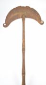 Possibly African polearm with crescent shaped 23cm blade, metal mounts and wooden shaft, overall