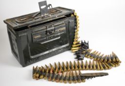 Metal ammunition case for .50mm marked U.S, 30 x 14.5 x 19cm together with a belt of approximately