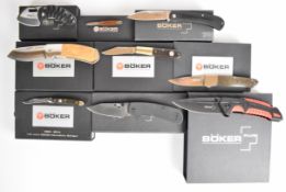 Nine Boker folding / pocket knives including Boker Plus examples, all boxed, largest blade 8.5cm.