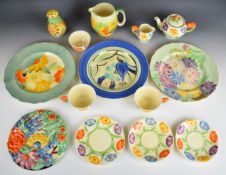 Grays Pottery Art Deco jug and sifter, three cabinet plates including a lustre example, probably