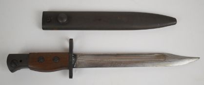 British number 8 Mk1 bayonet with wooden grips, stamped 39, W.S.C to ricasso, a 20cm fullered