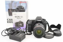 Canon EOS 5D Mark II digital SLR camera, with EF 24-105mm 1:4 L IS USM lens, EW-83H hood, lens