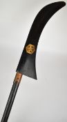 Japanese style Naginata polearm with 40cm single edged blade, curved sharply towards point, copper