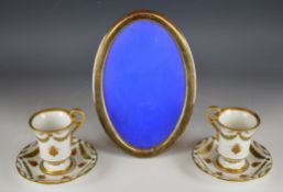Hallmarked silver photograph frame and a pair of Limoges decorative cups and saucers, tallest 24cm