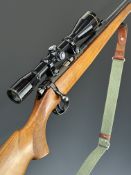 BRNO Model 2-E .22 bolt-action rifle with chequered semi-pistol grip, canvas and leather sling,
