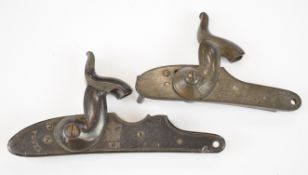Two percussion rifle, military or sporting gun locks, one stamped 'Tower' and with crown over 'VR'