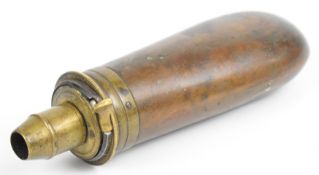 Sykes patent Colt style copper and brass bay type powder flask, 15cm long.