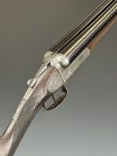 M&G Clyde 12 bore side by side shotgun with engraved sidelock plates, engraved scenes of dogs to the