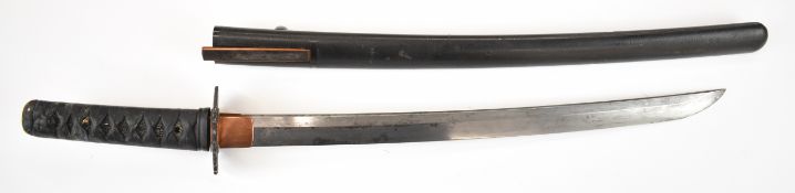 Japanese short sword with two menuki to grip, 47cm curved blade, scabbard and ancillary blade.