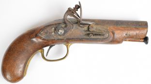 Unnamed flintlock pocket pistol with brass trigger guard, wooden ram-rod, vacant wrist cartouche and