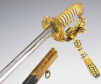 Royal Navy officer's sword by Gieves with lion head pommel, folding guard, 79cm straight blade,
