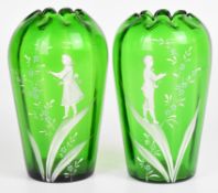 Pair of Victorian Mary Gregory green glass vases with crimped necks, H18cm