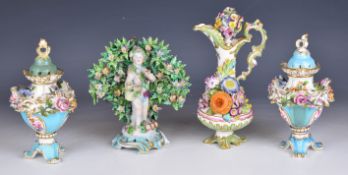 Coalbrookdale style ewer, Derby figure, pair of pot pourri etc., tallest 22cm