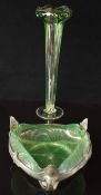 Loetz / Teradite Art Nouveau green iridescent triform bowl with pewter mount and a clear and green