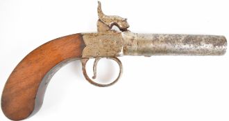 Unnamed percussion hammer action pocket pistol with engraved locks, trigger guard and hammer, vacant
